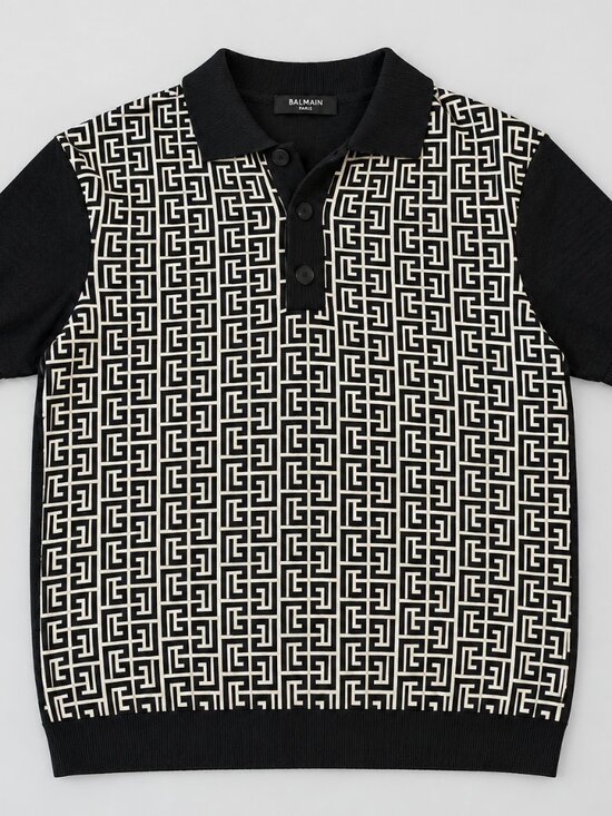 Balmain Other - BALMAIN Monogram Jacquard Knit Polo – Black / Cream – Size L